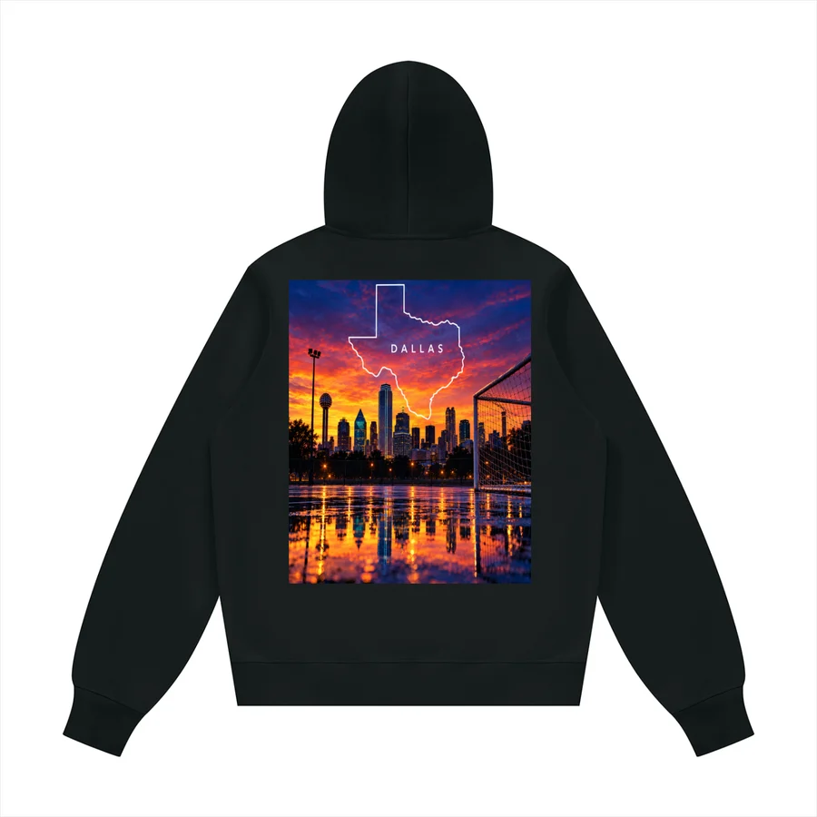 Back of the black Dallas Texas Golazo Co. hoodie